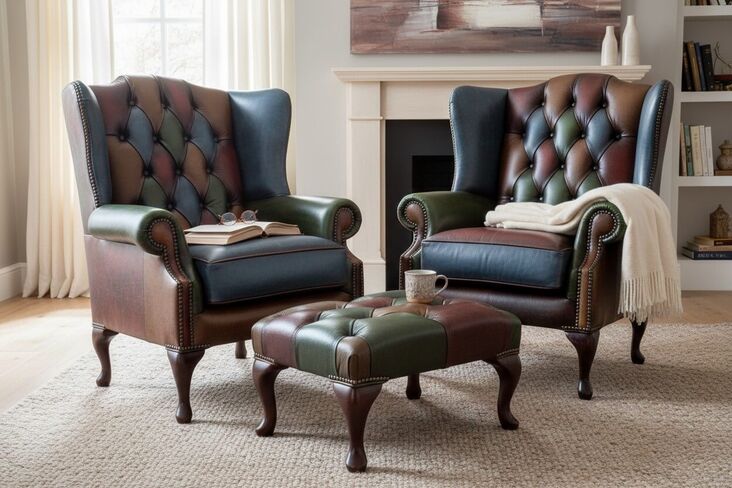 Pair Of Chesterfield Patchwork Queen Anne Wing Chairs Antique Real Leather