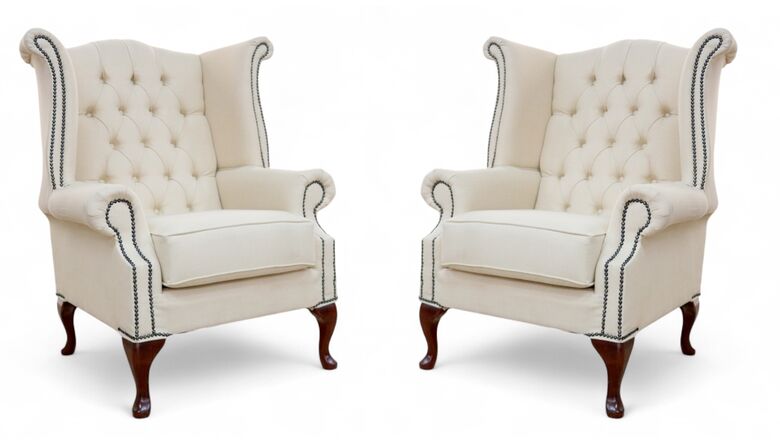 Pair Of Chesterfield Queen Anne High Back Wing Chairs Charles Cream Linen Fabric