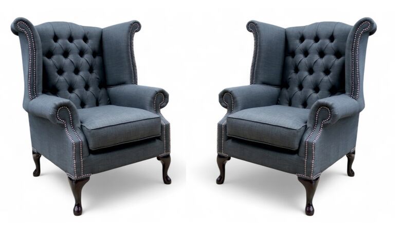 Pair Of Chesterfield Queen Anne High Back Wing Chairs Charles Grey Linen Fabric