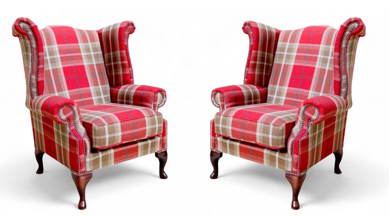 Pair Of Chesterfield Saxon Queen Anne Wing Chairs High Back Armchairs Balmoral Red Check Fabric