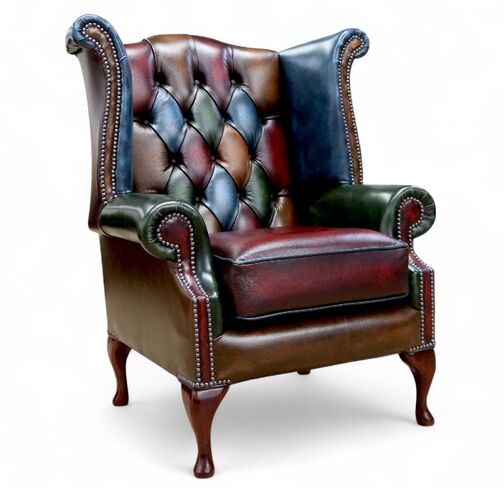 Patchwork Wingback Leather Queen Anne Armchair