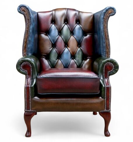 Patchwork Wingback Leather Queen Anne Armchair