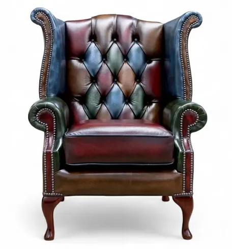 Patchwork Wingback Leather Queen Anne Armchair