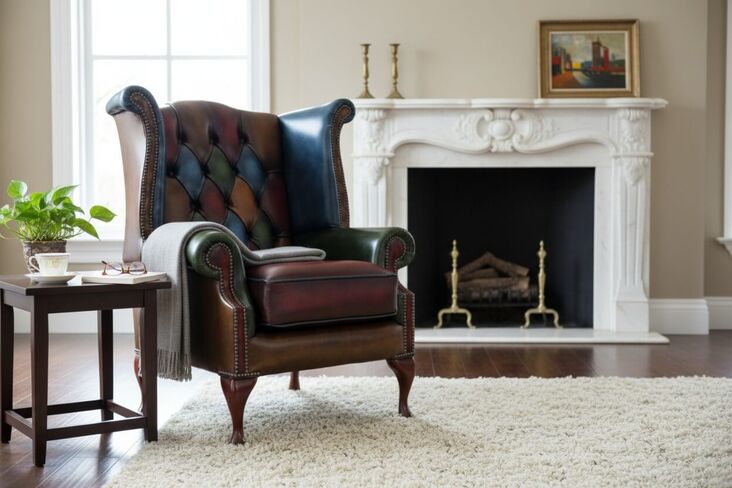 Patchwork Wingback Leather Queen Anne Armchair