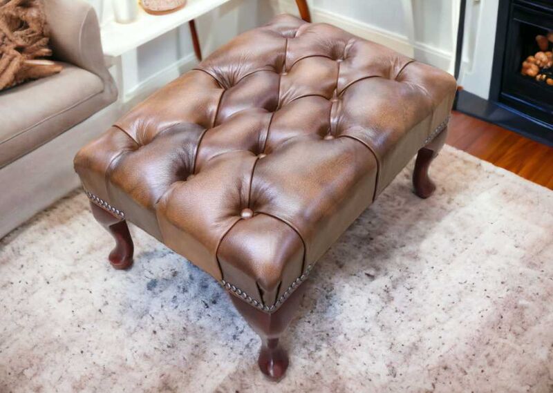Product photograph of Chesterfield Queen Anne Footstool Antique Tan Real Leather from Designer Sofas 4U