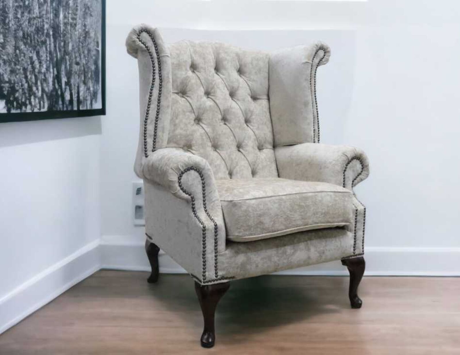 Product photograph of Chesterfield Queen Anne High Back Wing Chair Nuovo Barley Fabric from Designer Sofas 4U