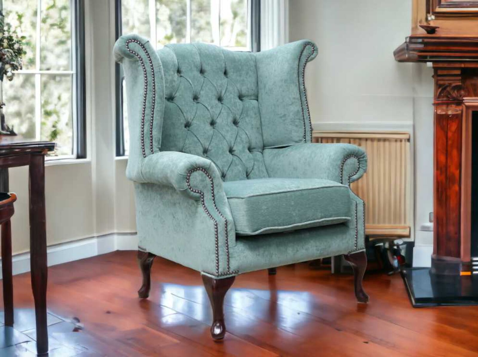 Product photograph of Chesterfield Queen Anne High Back Wing Chair Pimlico Jade Green Fabric from Designer Sofas 4U