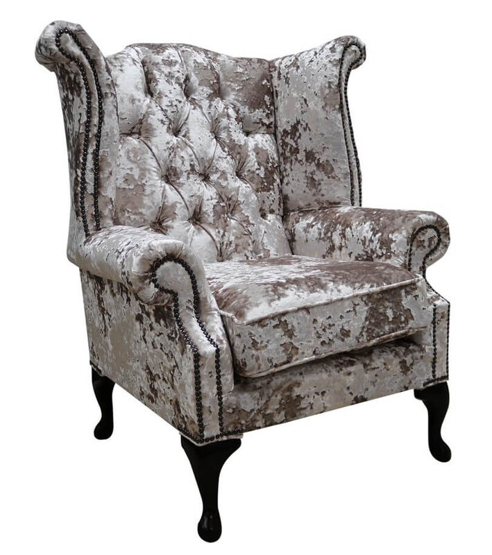 Product photograph of Chesterfield Velvet Queen Anne High Back Wing Chair Lustro Charm from Designer Sofas 4U