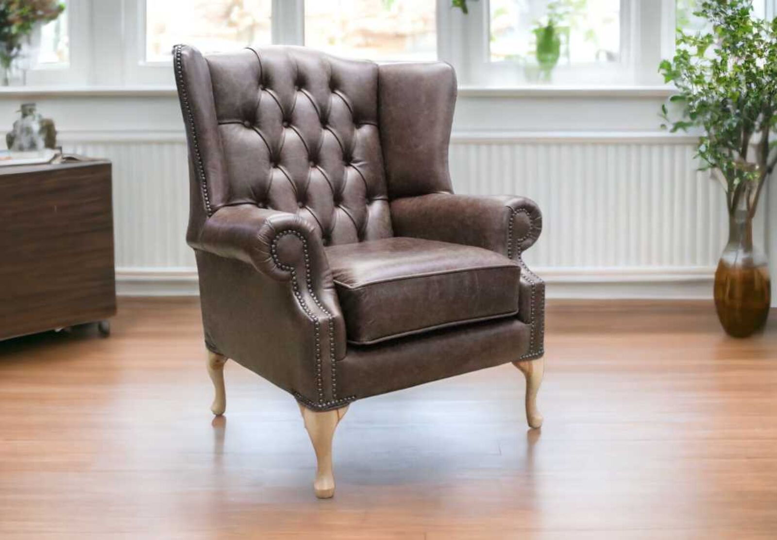 Product photograph of Chesterfield Mallory Queen Anne High Back Wing Chair Cracked Wax Tobacco Leather from Designer Sofas 4U