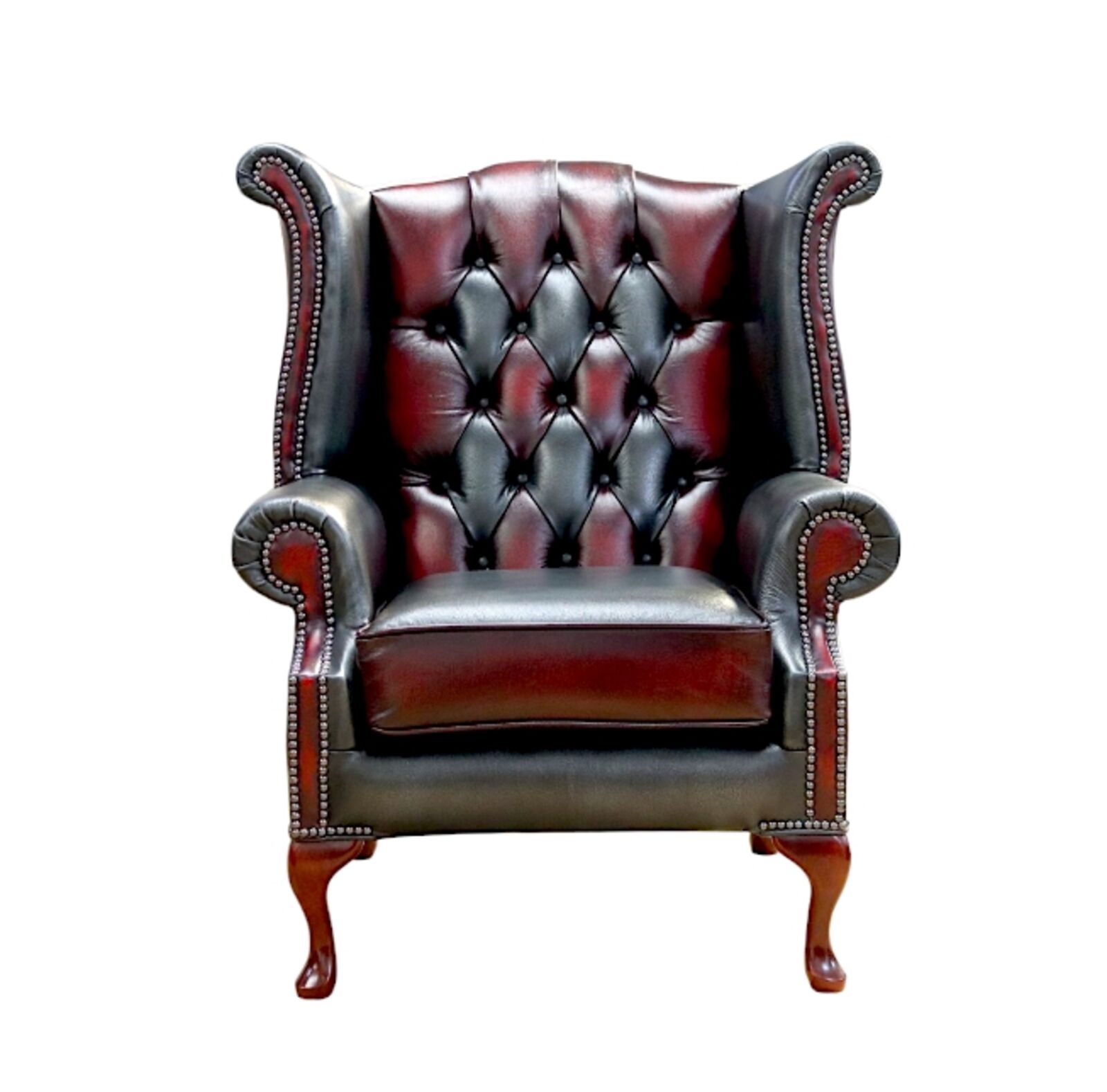 Product photograph of Chesterfield Patchwork Devil Queen Anne Wing Chair Antique Real Leather from Designer Sofas 4U