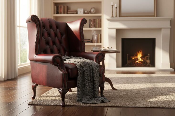 Rub Off Antique Oxblood Red Leather Chesterfield Georgian Queen Anne Wing Chair  | DesignerSofas4U