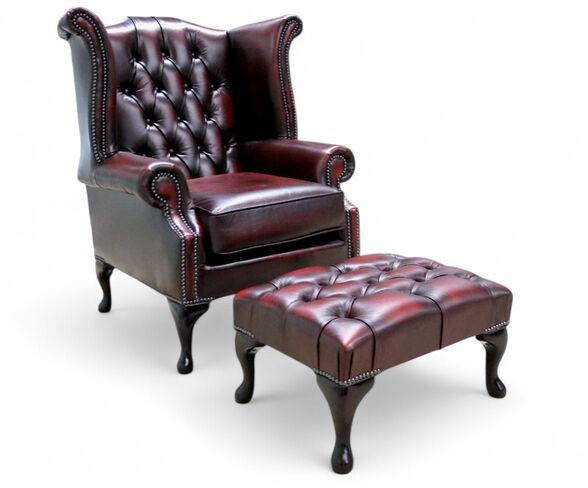 Rub Off Antique Oxblood Red Leather Chesterfield Georgian Queen Anne Wing Chair + Footstool | DesignerSofas4U