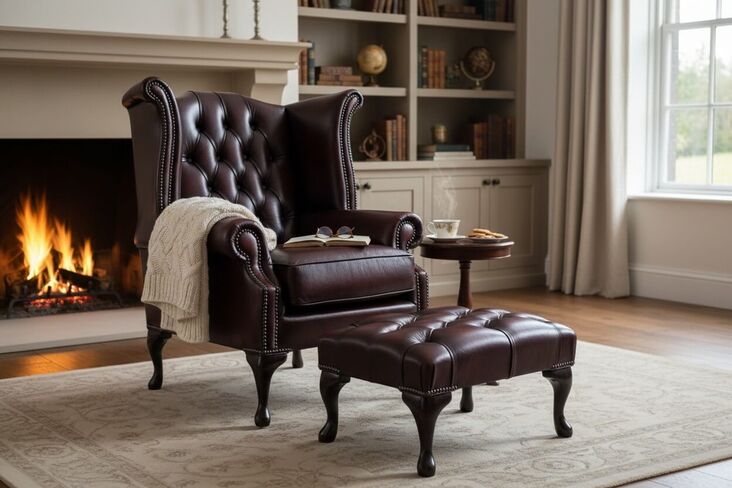 Rub Off Antique Oxblood Red Leather Chesterfield Georgian Queen Anne Wing Chair + Footstool