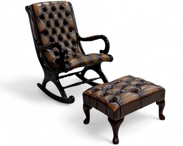 Rub Off Antique Tan Leather Chesterfield York Slipper Rocking Chair + Footstool | DesignerSofas4U