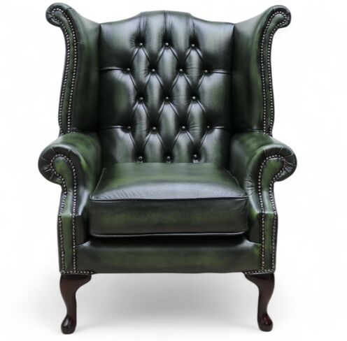 Rub Off Georgian Antique Green Leather Chesterfield Queen Anne Wing Chair | DesignerSofas4U