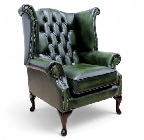 Rub Off Georgian Antique Green Leather Chesterfield Queen Anne Wing Chair | DesignerSofas4U