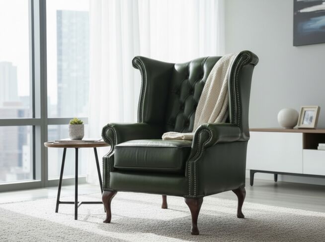 Rub Off Georgian Antique Green Leather Chesterfield Queen Anne Wing Chair | DesignerSofas4U