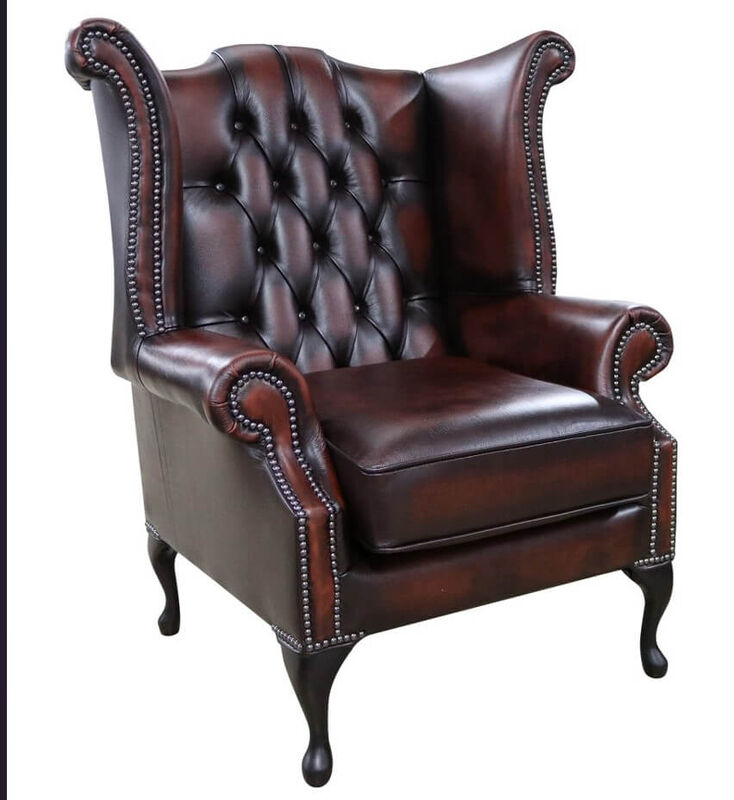 Product photograph of Chesterfield Georgian Queen Anne Wing Chair Antique Rust Leather from Designer Sofas 4U