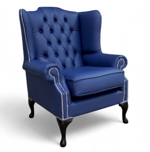 Shelly Bilberry Blue Leather Chesterfield Mallory Flat Wing High Back Wing Chair | DesignerSofas4U