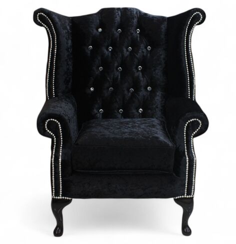 Shimmer Black Velvet Chesterfield Crystal Diamante Queen Anne High Back Wing | DesignerSofas4U