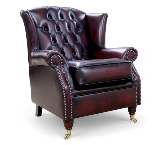 Southwold Chesterfield Buttoned Back Wing Chair Fireside High Back Leather Armchair Antique Oxblood Leather