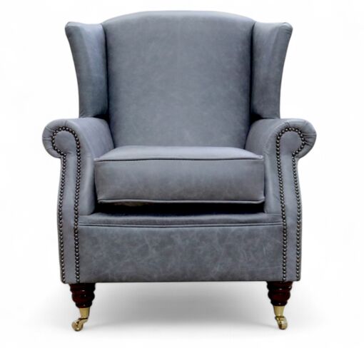 Southwold Chesterfield Wing Chair Fireside High Back Leather Armchair Cracked Wax Ash Grey Leather