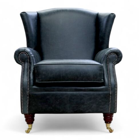 Southwold Chesterfield Wing Chair Fireside High Back Leather Armchair Cracked Wax Black Leather
