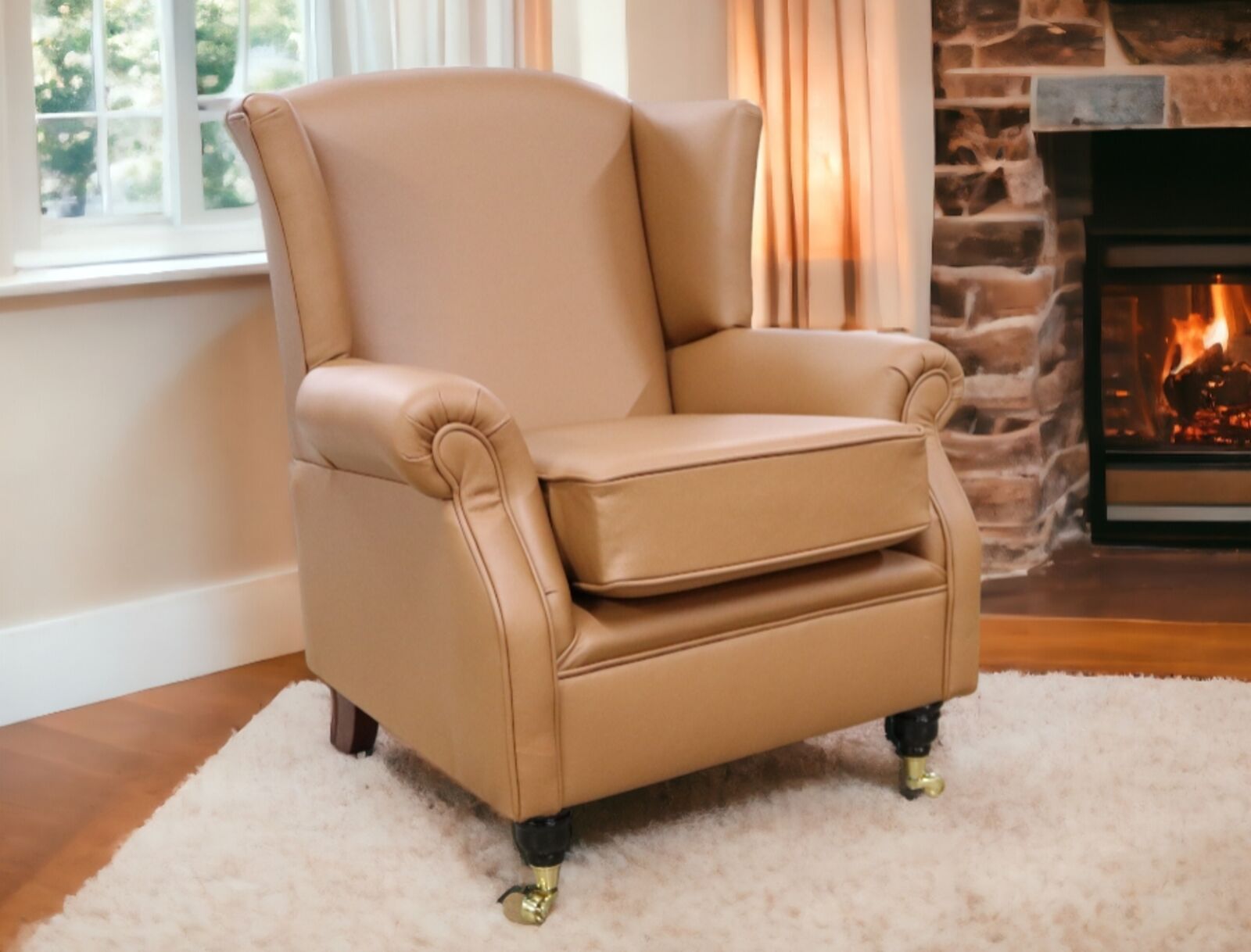 Product photograph of Southwold Wing Chair Fireside High Back Leather Armchair Birch Camel Leather from Designer Sofas 4U