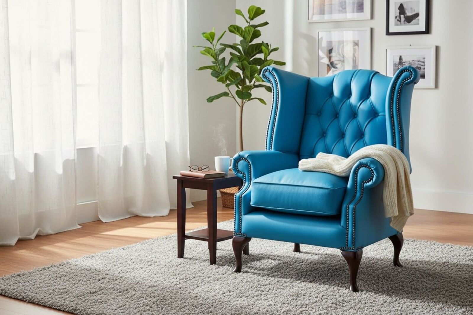 SPECIAL OFFER Chesterfield Queen Anne High Back Wing Armchair Vita Breeze Blue Leather