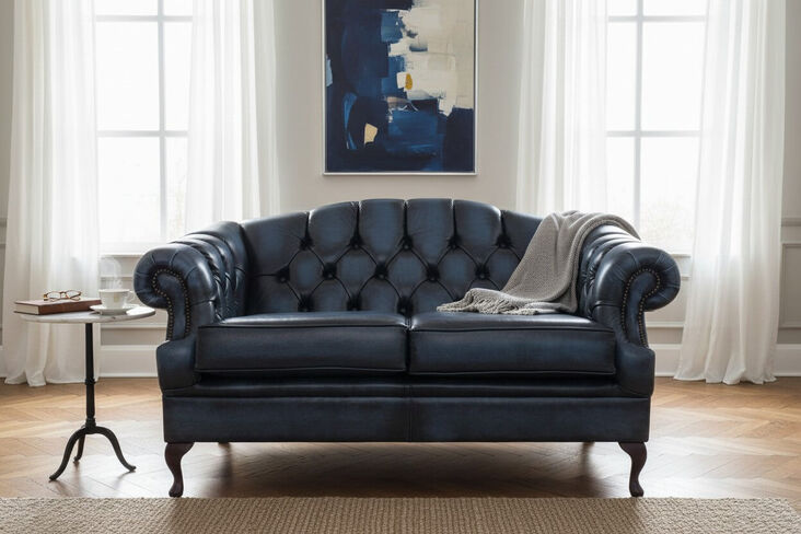 Victoria 2 Seater Chesterfield Leather Sofa Settee Antique Blue Leather