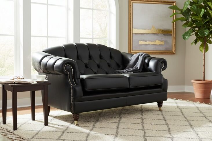 Victoria 2 Seater Chesterfield Leather Sofa Settee Black Leather