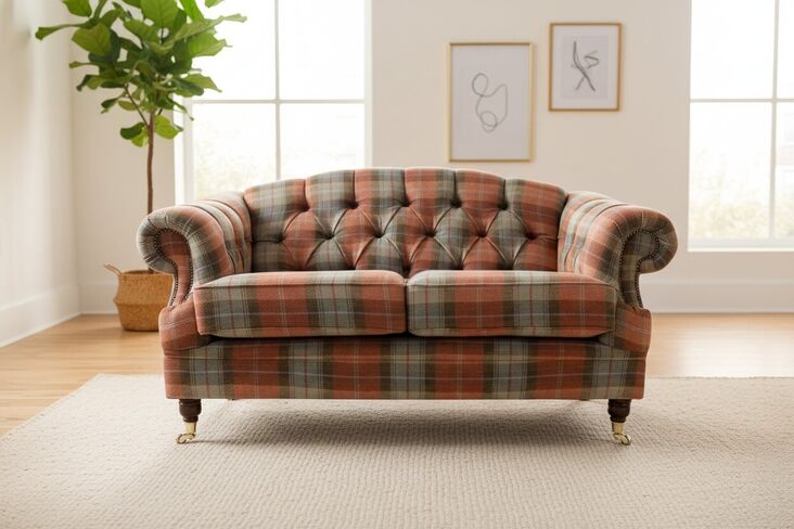 Victoria 2 Seater Chesterfield Plaid Chestnut Check Tweed Wool Sofa