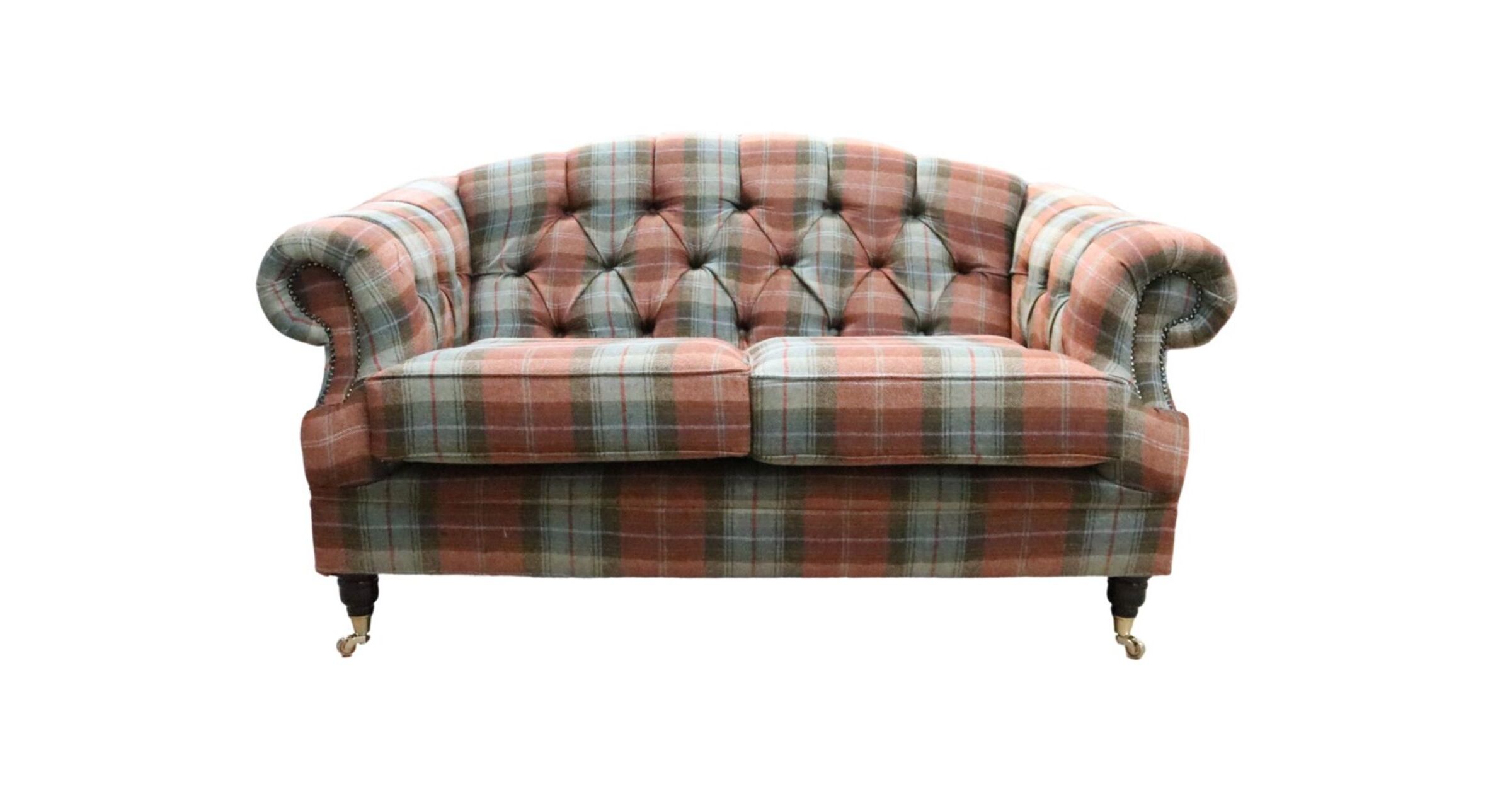 Victoria 2 Seater Chesterfield Plaid Chestnut Check Tweed Wool Sofa