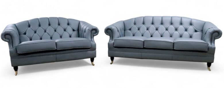 Victoria 3+2 Seater Chesterfield Leather Sofa Settee Piping Grey Leather