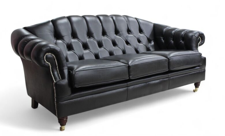 Victoria 3 Seater Chesterfield Leather Sofa Settee Old English Black Leather