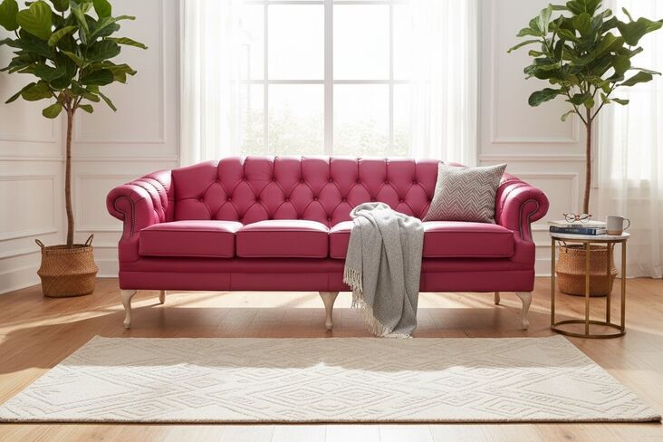 Victoria 4 Seater Chesterfield Leather Sofa Settee Anemone Pink Leather