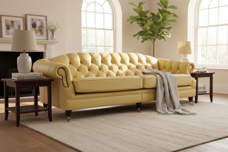 Victoria 4 Seater Chesterfield Leather Sofa Settee Deluca Yellow Leather