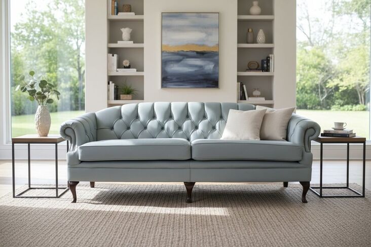 Victoria 4 Seater Chesterfield Leather Sofa Settee Moon Mist Grey Leather