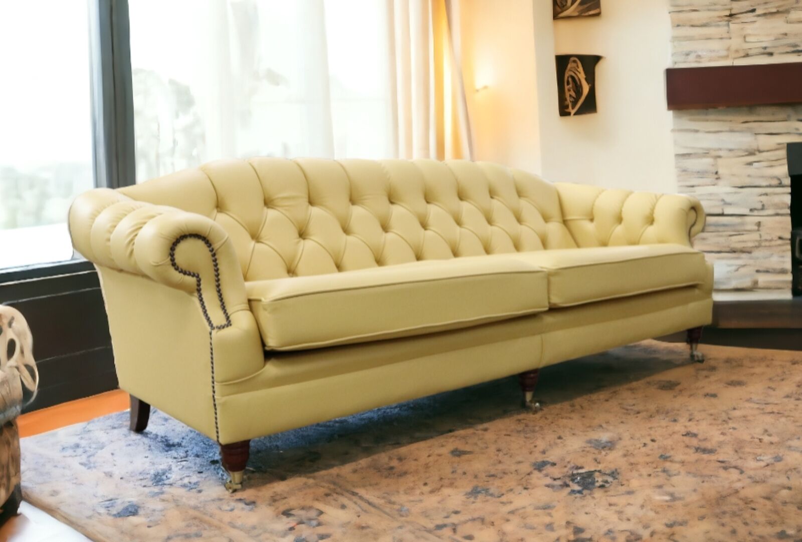 Product photograph of Victoria 4 Seater Chesterfield Leather Sofa Settee Deluca Yellow Leather from Designer Sofas 4U