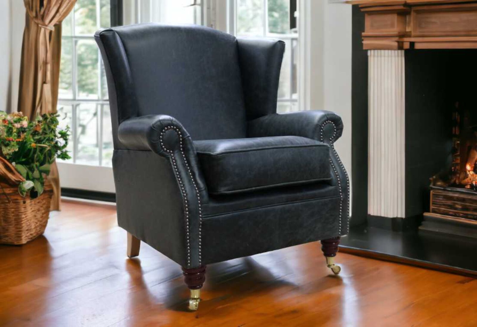 Product photograph of Southwold Chesterfield Wing Chair Fireside High Back Leather Armchair Cracked Wax Black Leather from Designer Sofas 4U