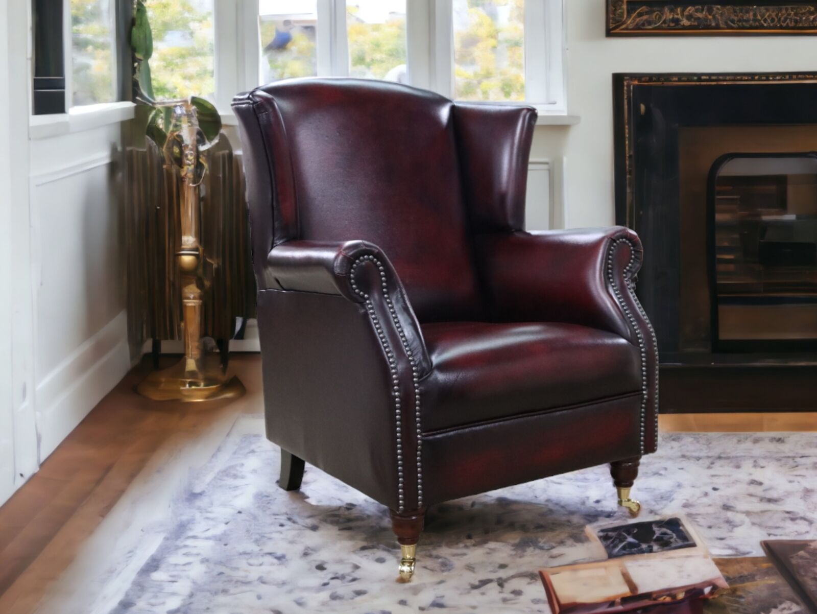 Product photograph of Southwold Chesterfield Fixed Seat Wing Chair Fireside High Back Leather Armchair Antique Oxblood Leather from Designer Sofas 4U