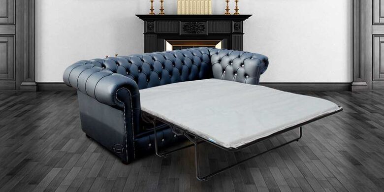 Chesterfield 3 Seater Shelly Black Leather SofaBed Grey Buttons Offer
