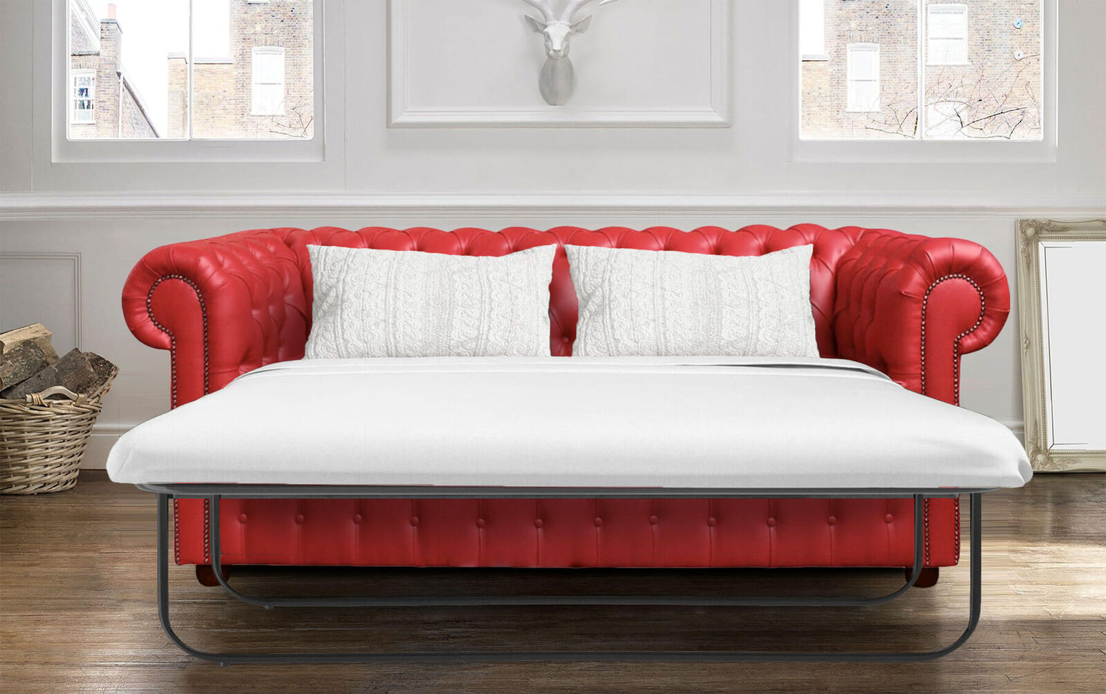 Product photograph of Chesterfield 3 Seater Red Faux Leather Sofabed Offer from Designer Sofas 4U