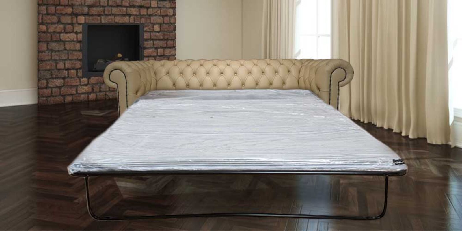 Product photograph of Pull Out Sofa Bed In Chesterfield 3 Seater Settee Cream Cottonseed Real Leather from Designer Sofas 4U