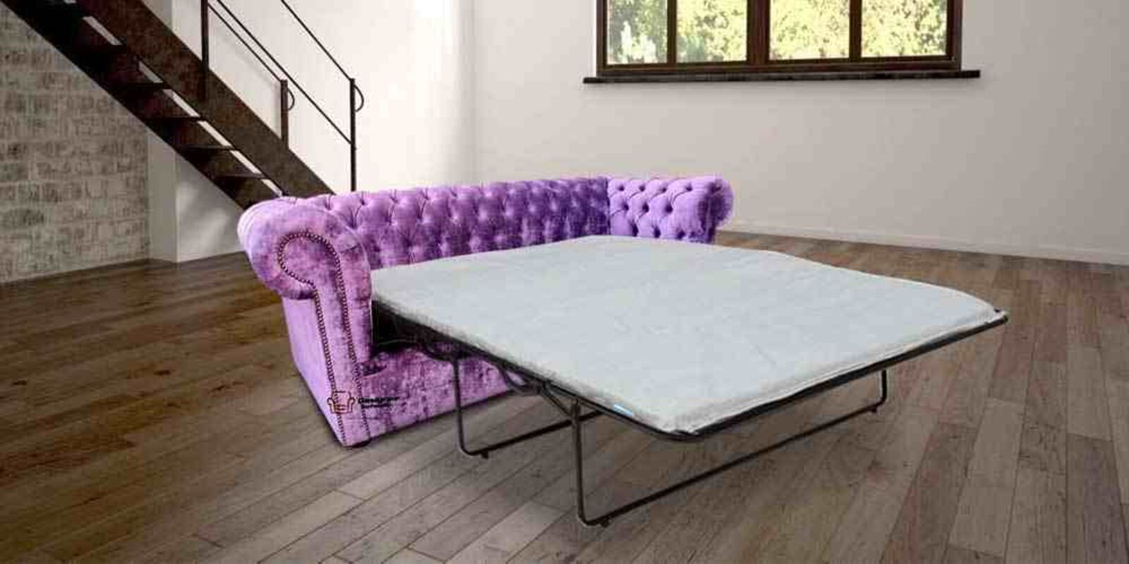 Product photograph of Chesterfield 3 Seater Settee Elegance Aubergine Fabric Sofabed Offer from Designer Sofas 4U