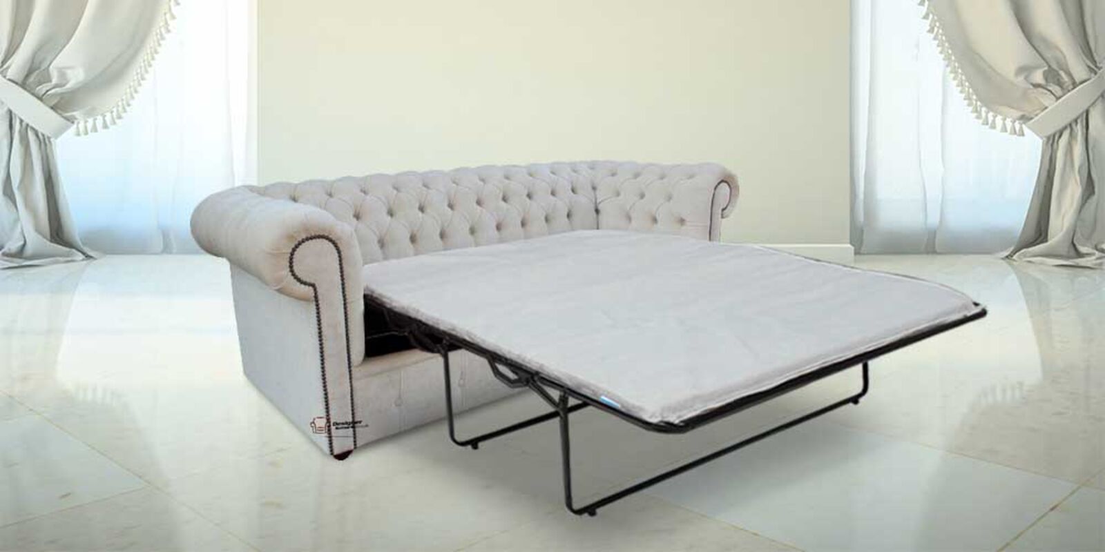 Product photograph of Best Pull Out Sofa Bed In Elegance Oyster Velvet Fabric Chesterfield 3 Seater from Designer Sofas 4U