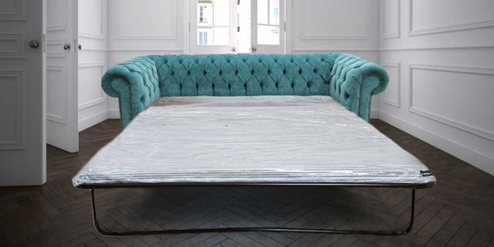 Product photograph of Best Pull Out Sofa Bed Sale In Pimlico Teal Blue Chesterfield 3 Seater from Designer Sofas 4U