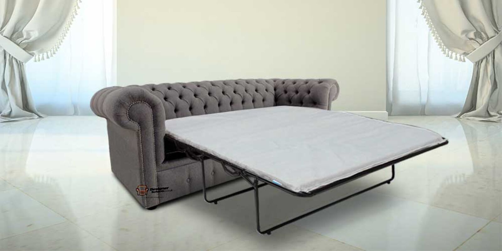 Product photograph of Chesterfield 3 Seater Settee Proposta Steel Grey Fabric Sofabed Offer from Designer Sofas 4U