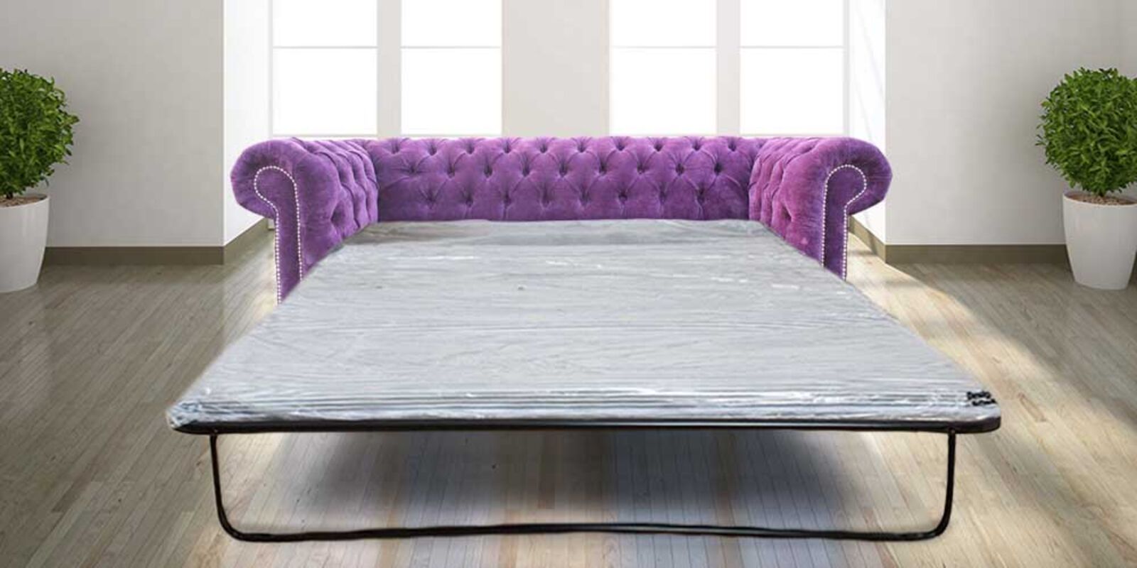 Product photograph of Best Pull Out Sofa Bed Sale In Velluto Amethyst Purple Fabric Chesterfield 3 Seater from Designer Sofas 4U