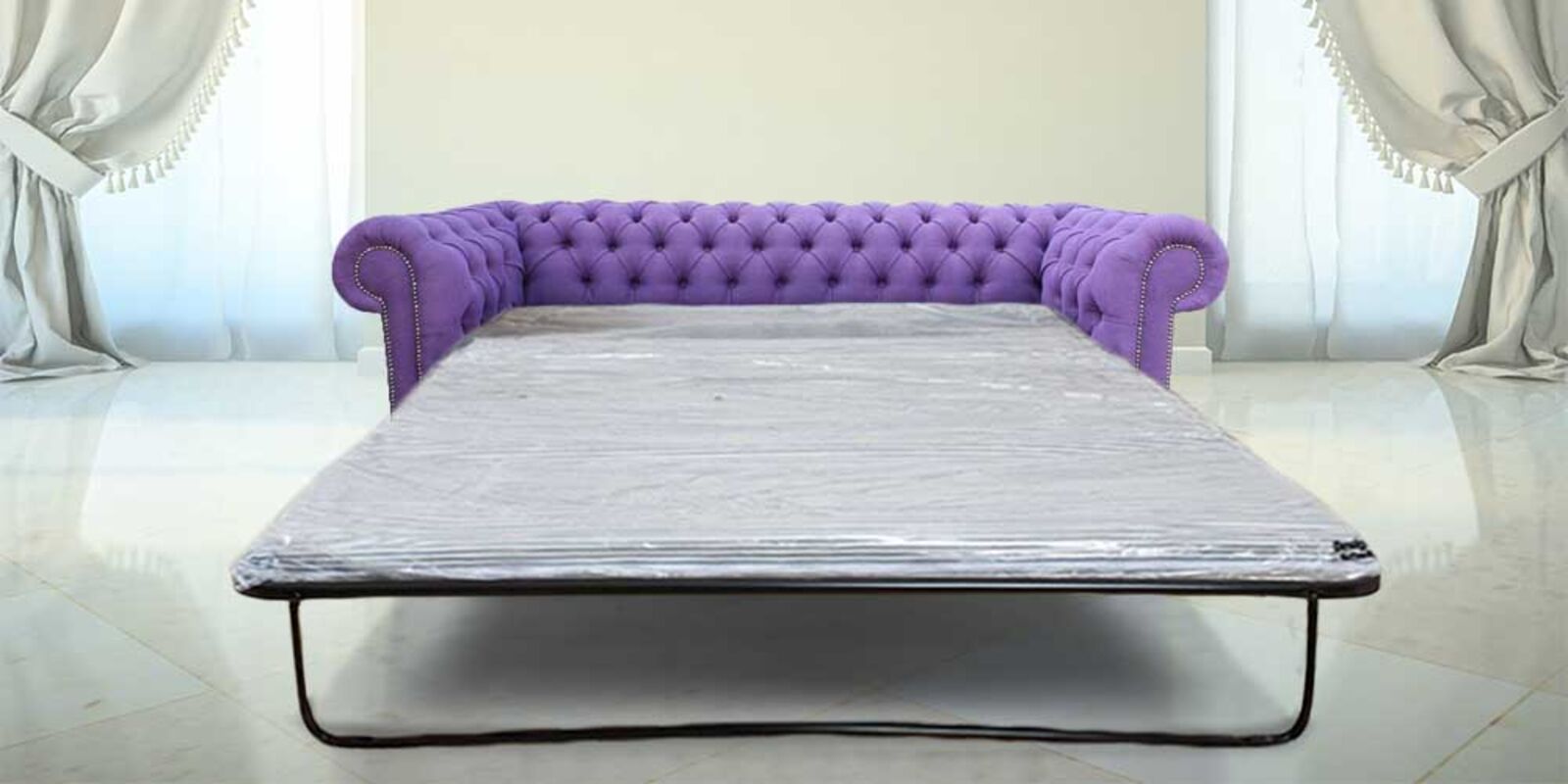 Product photograph of Pull Out Sofa Bed Sale In Verity Plain Purple Fabric Chesterfield 3 Seater from Designer Sofas 4U